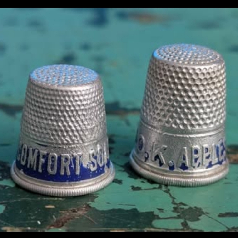 Pair of Vintage Metal Advertising Sewing Thimbles - O.K. Apples & Comfort Soap